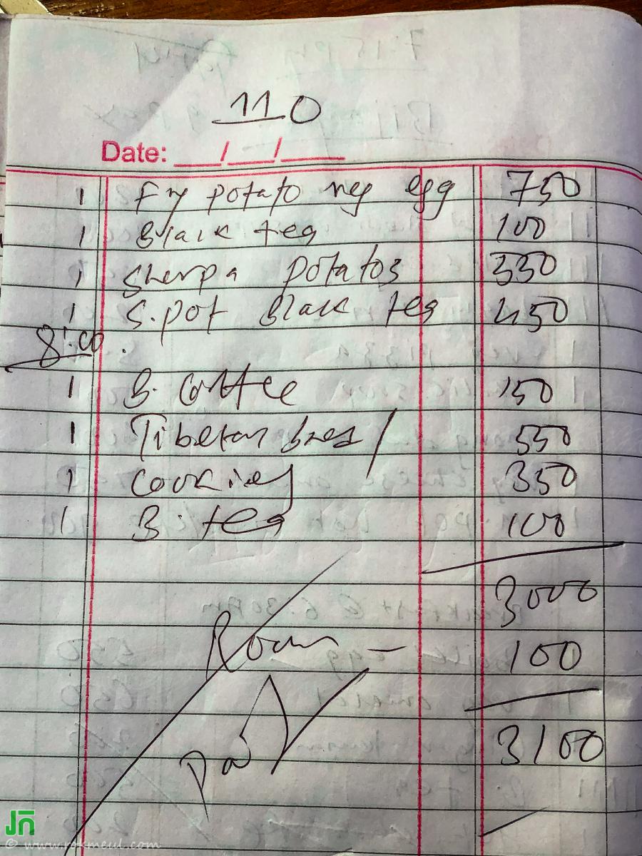The prices for the one night staying in Namaste Lodge, Gokyo
