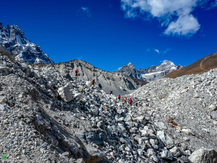 Crossing the Ngozumpa Glacier to Gokyo